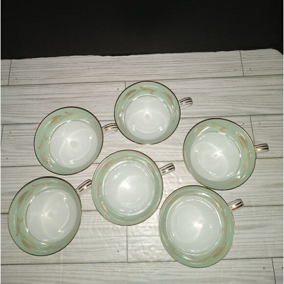 Noritake China 5267 Alice Tea Cups Set Of 6 Wide Green Border Gold Wheat Print - Picture 2 of 9